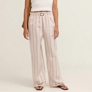 Yaitte Janeiro Trouser Tofu and Sand Striped Cotton Wide Leg Pull On Pants Sz M